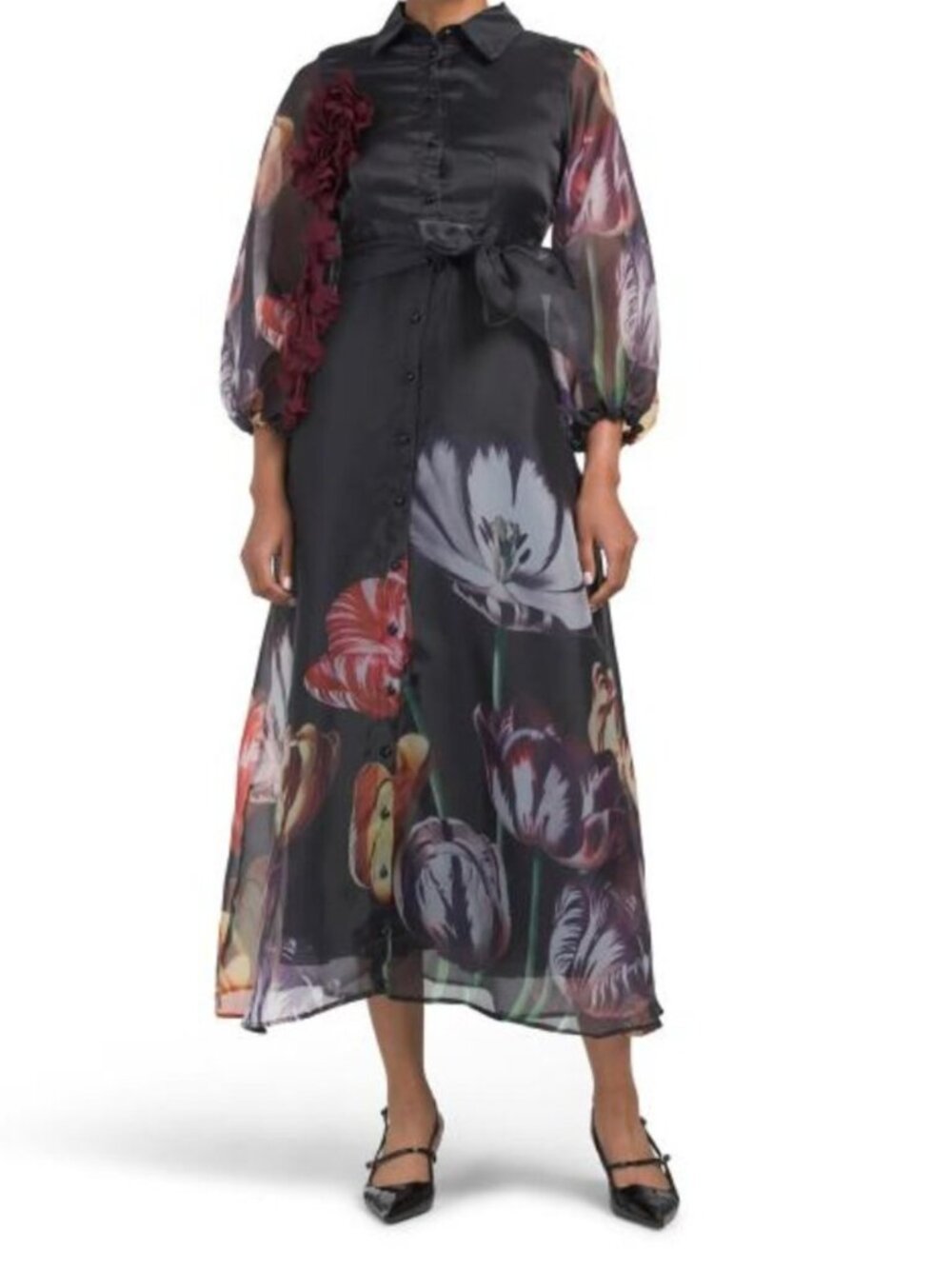 DALIA MACPHEE Long Sleeve Placed Floral Maxi Dress With 3d Embellishment